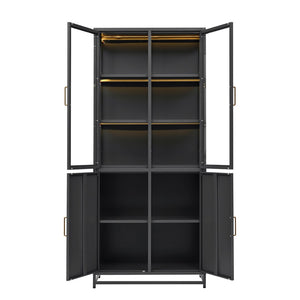 English Elm 76.75'' Steel Curio Cabinet with Led Lights Tempered Glass Doors Vintage Brass Handles SN845P282833B_R