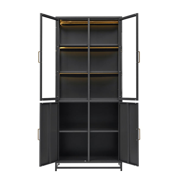 English Elm 76.75'' Steel Curio Cabinet with Led Lights Tempered Glass Doors Vintage Brass Handles SN845P282833B_R