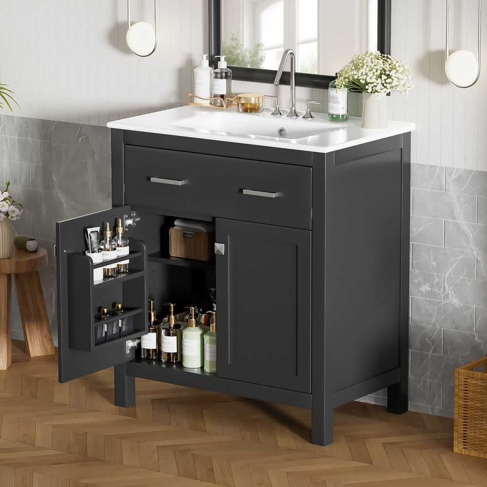 English Elm 30" Modern Bathroom Vanity with Ceramic Sink and Soft-Close Doors, Solid Wood MDF Build, Sleek Handles Black N729P263155B