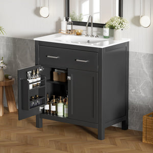 English Elm 30" Modern Bathroom Vanity with Ceramic Sink and Soft-Close Doors, Solid Wood MDF Build, Sleek Handles Black N729P263155B