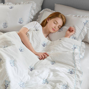 English Elm 3-piece Floral Embroidered Quilt Set Ruffled Trim Romantic Bedding for Full Queen Beds White+Blue B035P463190