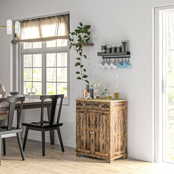 English Elm Homcom Rustic Brown Sideboard Rubberwood Top Buffet with Drawers Adjustable Shelf W2225P229311