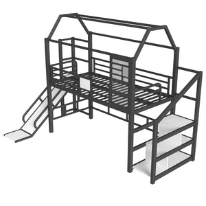 English Elm Twin House Loft Bed with Slide and Stairs, Metal Playhouse with Storage Shelves and Quiet Design Black W1580S00348