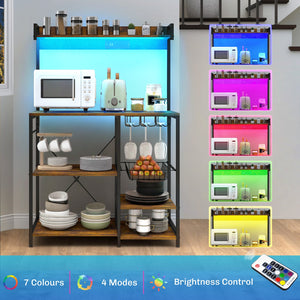 English Elm HOMCOM Industrial Baker's Rack with LED Lights, Charging Station, Glass Holders & Adjustable Shelves Rustic Brown W2225P200371