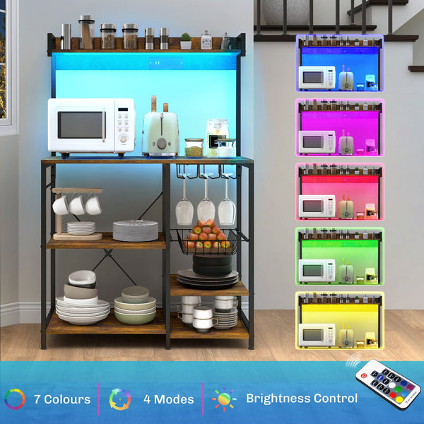 English Elm HOMCOM Industrial Baker's Rack with LED Lights, Charging Station, Glass Holders & Adjustable Shelves Rustic Brown W2225P200371