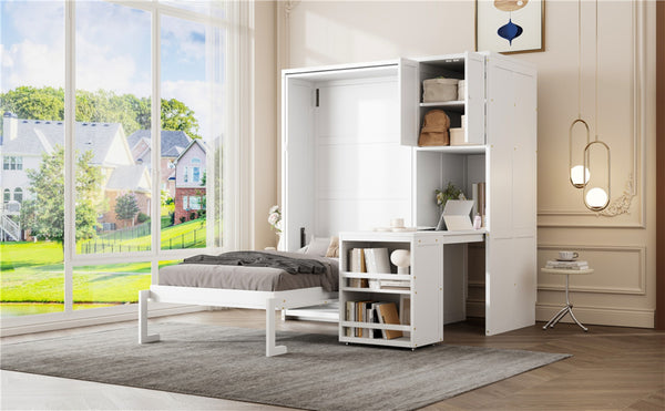 English Elm Twin Size Rotating Murphy Bed With Desk, Bookshelf & Storage – Smart Space-Saving Solution In White N820S00066K-GIGA