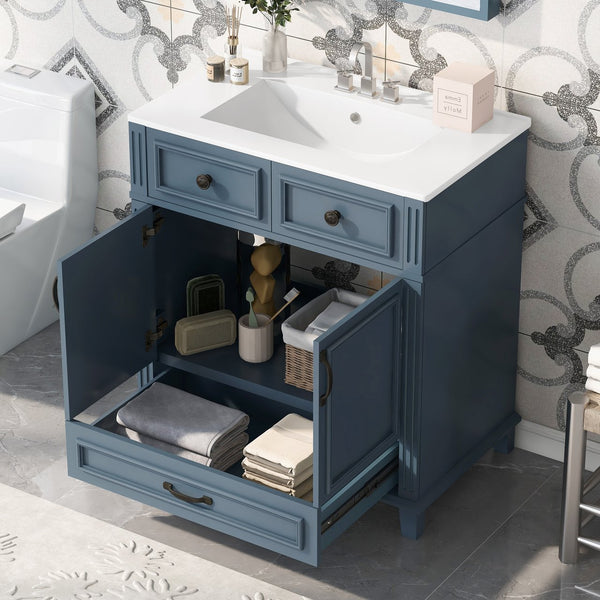 English Elm 30'' Bathroom Vanity with Sink - Retro Solid Wood Frame, Ceramic Basin, Soft-Close Doors & Ample Storage Blue N710P190656C