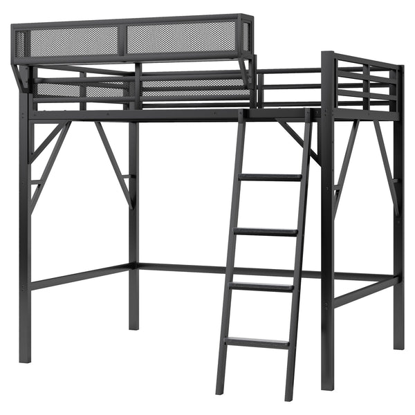 English Elm Full Size Loft Bed with Ladder & Built-In Shelves, Sturdy Metal High Loft for Kids Teens Black W2580P316646