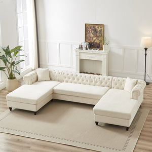 English Elm 135.5-inch Modern Chenille U-Shaped Sectional Sofa with Dual Chaise, Pull-Point Detail, Pillows, Wooden Legs Beige W1926S00045