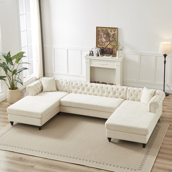 English Elm 135.5-inch Modern Chenille U-Shaped Sectional Sofa with Dual Chaise, Pull-Point Detail, Pillows, Wooden Legs Beige W1926S00045