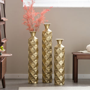 English Elm Metal Antique Gold Decorative Vase Set Of 3 - Modern Geometric Design With 3D Triangle Pattern W2796P193603