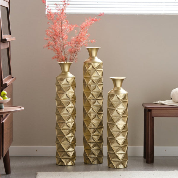 English Elm Metal Antique Gold Decorative Vase Set Of 3 - Modern Geometric Design With 3D Triangle Pattern W2796P193603