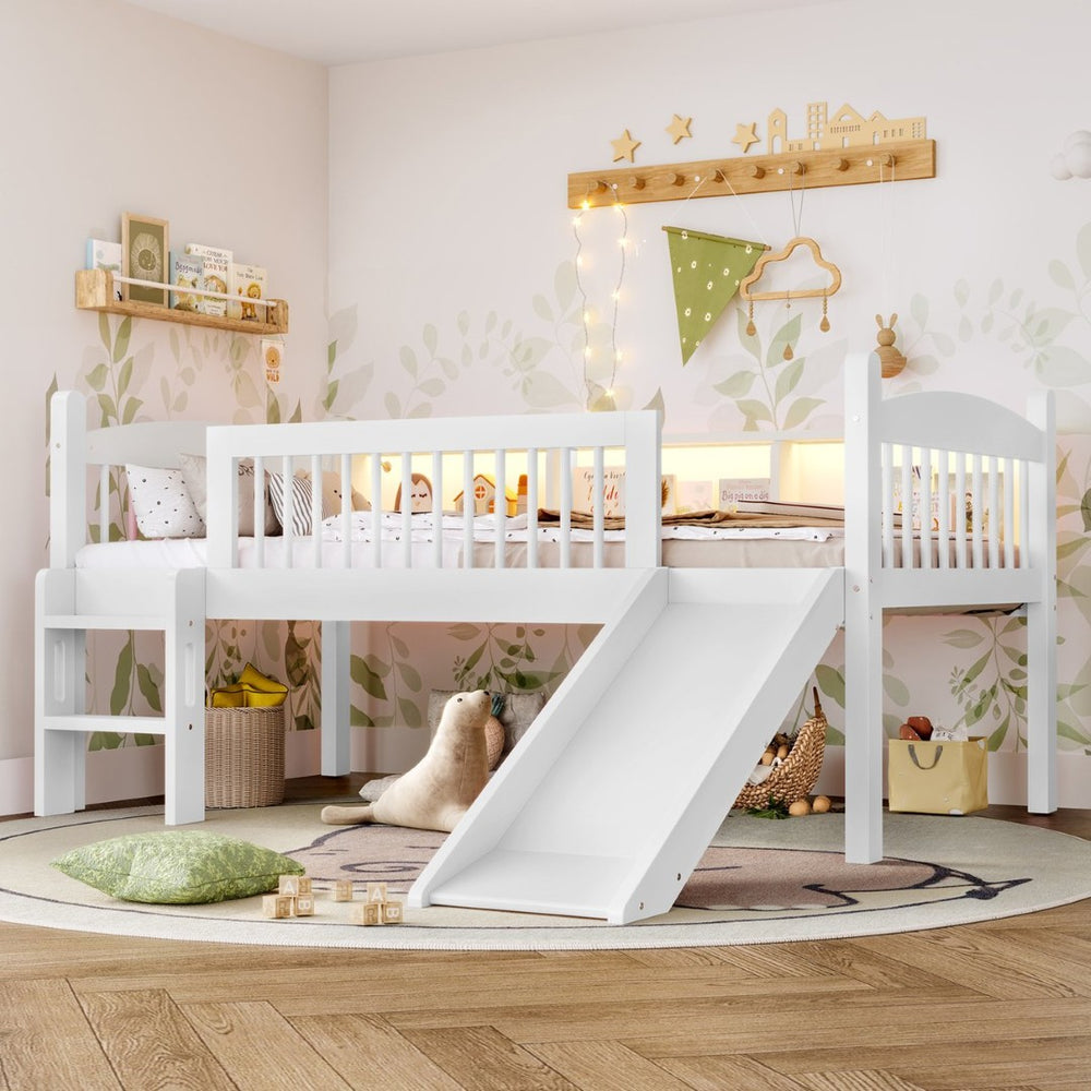 English Elm Twin Xl Solid Pine Loft Bed with Built-in Led Lighting and Storage Shelves Light White W1580S00364