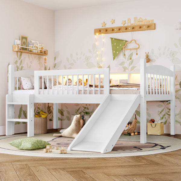 English Elm Twin Xl Solid Pine Loft Bed with Built-in Led Lighting and Storage Shelves Light White W1580S00364