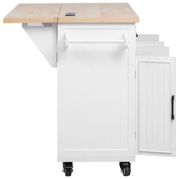English Elm K&K 56.5" Kitchen Island with Drop Leaf, Embossed Vertical Stripe Barn Doors, Wheels & Charging Hub White N707P263094W
