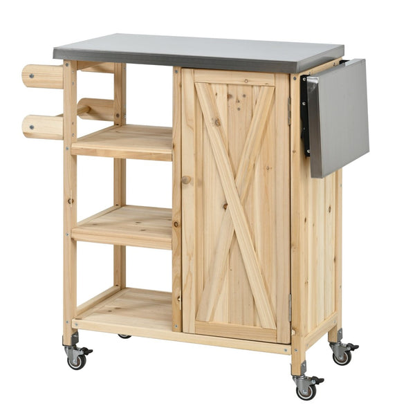 English Elm Foldable Outdoor Kitchen Cart with Stainless Worktop Fir Wood Frame and Lockable Wheels Natural N719P380281N