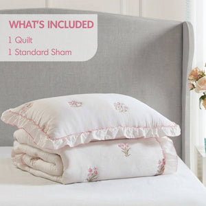 English Elm 2-piece Floral Embroidered Twin Quilt Set Romantic Ruffled Border Soft Down Alternative Fill White+Pink B035P463191