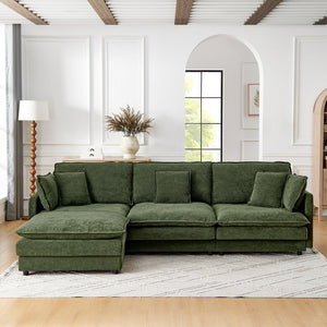 English Elm Modern Sectional Convertible Sofa with Ottoman, Oversized L-Shaped 4-Seater Towel Fabric Comfort Green W1413S00081