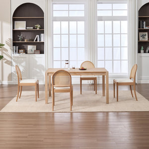 English Elm Rattan Backrest Dining Chairs Set of 2 Teddy Fabric Cushion Solid Wood Legs Kitchen Beige W3244P475485