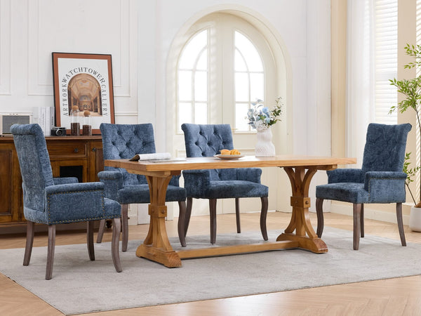 English Elm Upholstered Chenille Club Dining Chair Tufted High Back with Curved Solid Wood Legs Blue W1143P449346