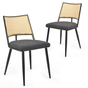 English Elm Dining Chairs Mid-Century Modern Rattan Backrest Bouclé Upholstered Metal Frame Comfortable Design DARK GREY T3623P379930