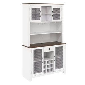 English Elm 70.9" Farmhouse Hutch Pantry with Led Lighting Wine Rack Mesh Doors and Built-in Power White CH361426AAK