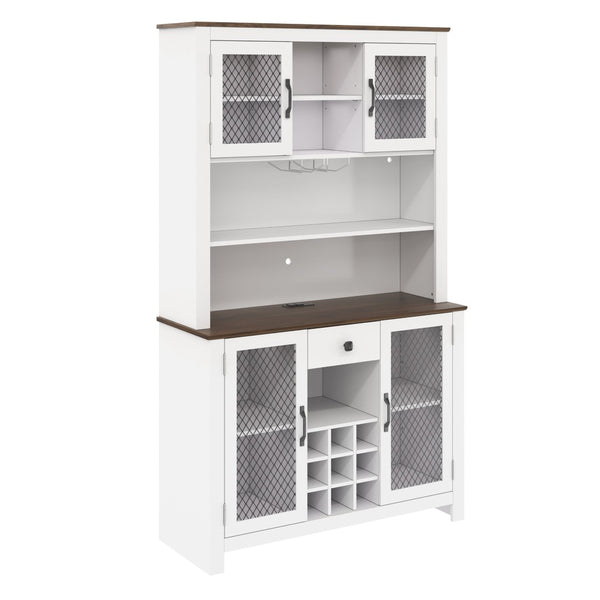 English Elm 70.9" Farmhouse Hutch Pantry with Led Lighting Wine Rack Mesh Doors and Built-in Power White CH361426AAK