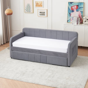 English Elm Twin Upholstered Daybed with Trundle Sofa Bed for Guest Room, Pine Wood Frame, Velvet Upholstery, Sturdy Slat Support and Full-Length Comfort Grey W1361S00022