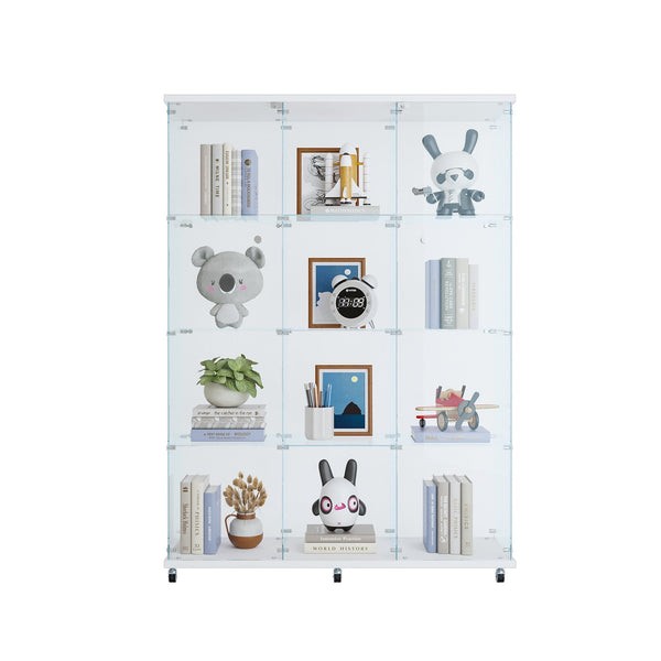English Elm 3 Door Glass Cabinet Tempered Glass Display Showcase with Lockable Doors, 4 Shelves for Collectibles White W1510S00019