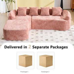 English Elm Pink chenille L-shaped sofa with high-elastic sponge, curved armrests, 4 throw pillows, 900lb capacity W3612S00018