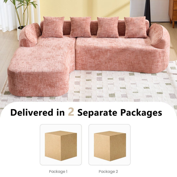 English Elm Pink chenille L-shaped sofa with high-elastic sponge, curved armrests, 4 throw pillows, 900lb capacity W3612S00018