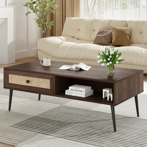 English Elm Mid-Century 47" Rectangular Coffee Table with Rattan Drawer, Open Shelf & Metal Legs for Living Room Walnut T3623P380005