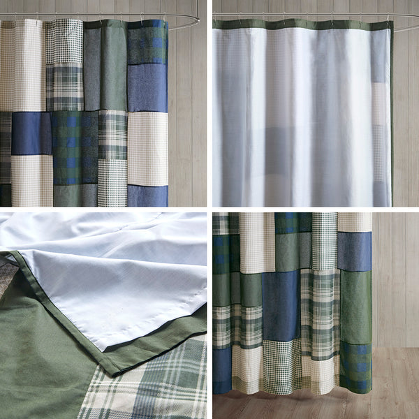 JLA Home Woolrich - Pieced Cotton Shower Curtain - Woolrich Mill Creek Plaid Patchwork 72x72, Rustic Green Navy Taupe Cabin Luxe WR70-3902