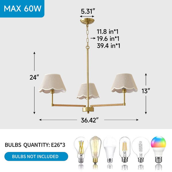 English Elm 3-light Gold Rope Wrapped Chandelier with Fabric Shades for Dining and Living Rooms W5008P391554