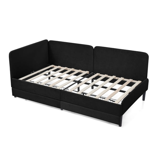 English Elm Twin Velvet Upholstered Platform Bed with 2 Underbed Drawers, Adjustable Sofa Bed, Modern Black Design W1413P298910