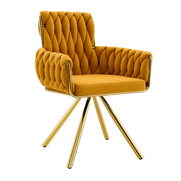 English Elm Set of 2 Velvet Upholstered Dining Chairs Braided Rope Back Glam Metal Legs Gold,Yellow W3875P383935
