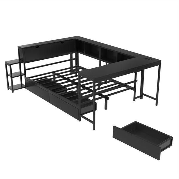 English Elm Corner Twin Platform Bed Bookcase Led Lighting Charging Station Underbed Storage W1670P420458
