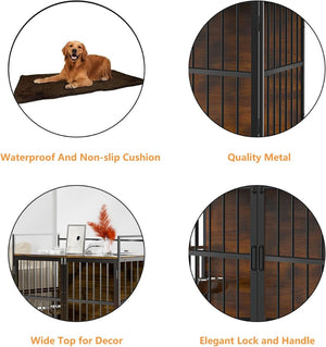 English Elm Dog Crate Furniture Piece with Steel Frame Side Table for Large Breeds Indoor Use T3210P294077