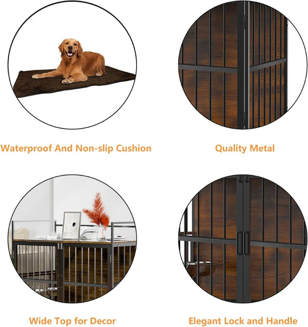 English Elm Dog Crate Furniture Piece with Steel Frame Side Table for Large Breeds Indoor Use T3210P294077