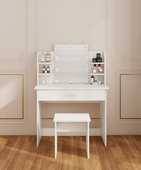 English Elm One drawer dresser table Ancient White Vanity with Stool, Adjustable Mirror, Compact Elegant Makeup Station W2139P306364