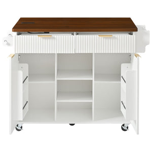 English Elm K&k Fluted Rolling Kitchen Island Faux Marble Top Power Outlet Drop Leaf Storage White N707S000019W