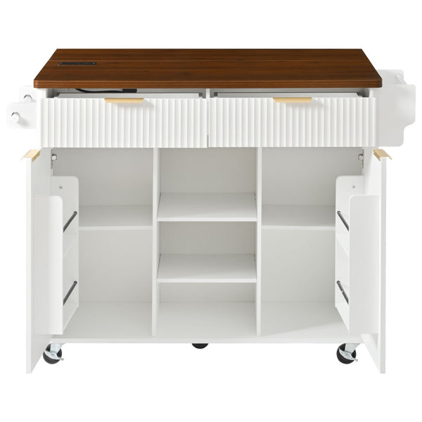 English Elm K&k Fluted Rolling Kitchen Island Faux Marble Top Power Outlet Drop Leaf Storage White N707S000019W