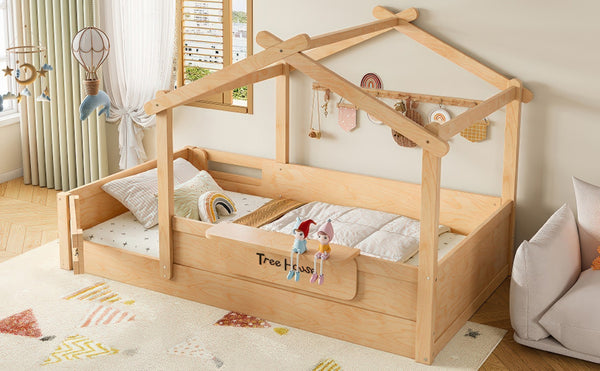 English Elm Twin Low Loft Bed Solid Pine Frame with Built-in Led Lighting and Storage Shelves Natural W1580P396331