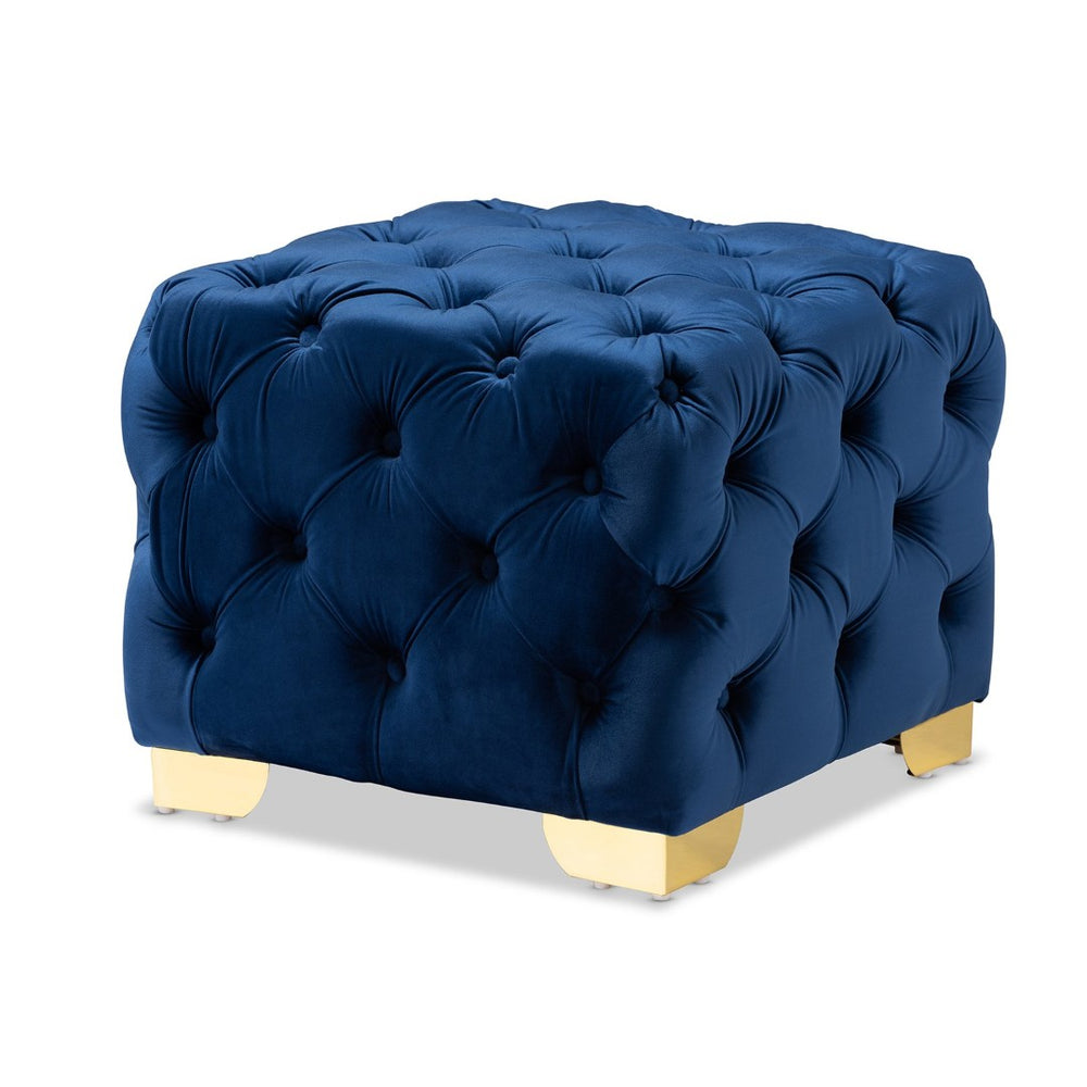 Baxton Studio Baxton Studio Avara Luxe Royal Blue Velvet Ottoman with Gold Legs – Glamorous Button Tufted Accent TSFOT029-Dark Royal Blue/Gold-Otto