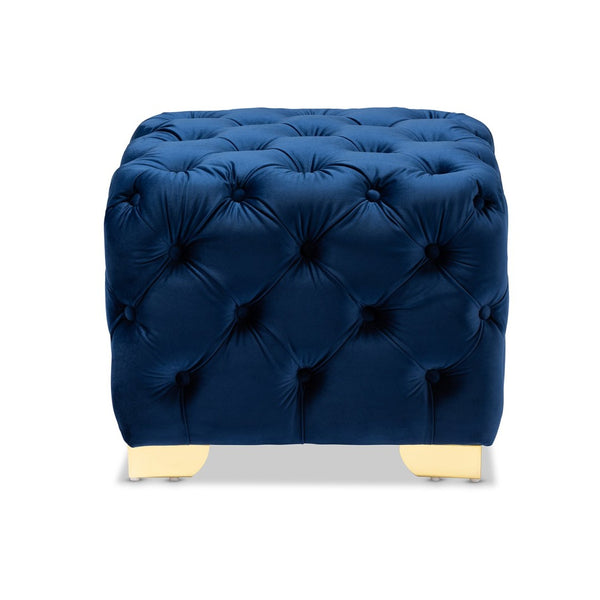 Baxton Studio Baxton Studio Avara Luxe Royal Blue Velvet Ottoman with Gold Legs – Glamorous Button Tufted Accent TSFOT029-Dark Royal Blue/Gold-Otto