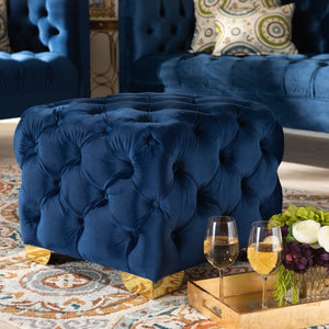 Baxton Studio Baxton Studio Avara Luxe Royal Blue Velvet Ottoman with Gold Legs – Glamorous Button Tufted Accent TSFOT029-Dark Royal Blue/Gold-Otto