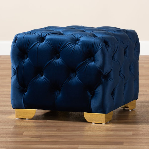 Baxton Studio Baxton Studio Avara Luxe Royal Blue Velvet Ottoman with Gold Legs – Glamorous Button Tufted Accent TSFOT029-Dark Royal Blue/Gold-Otto