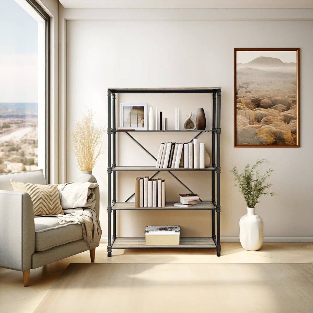 English Elm Itzel Industrial Steel Frame Bookshelf with Warm Oak Veneer Shelves for Home Office B2726P256219