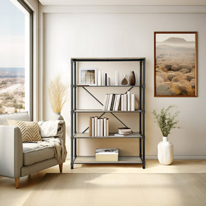 English Elm Itzel Industrial Steel Frame Bookshelf with Warm Oak Veneer Shelves for Home Office B2726P256219