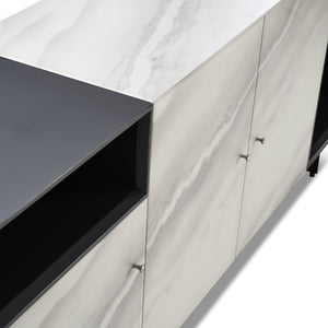English Elm Olivia Marble Effect Glass Sideboard with Matte Black Open Shelving for Dining Rooms B2736S00027